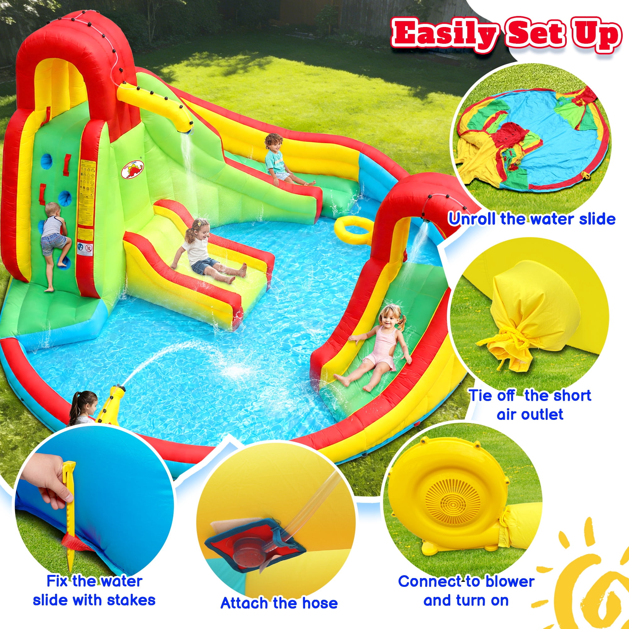 WELLFUNTIME Inflatable Water Slide Bounce House for Kids, Water Park with Blower, Splash Pool for Kids Backyard