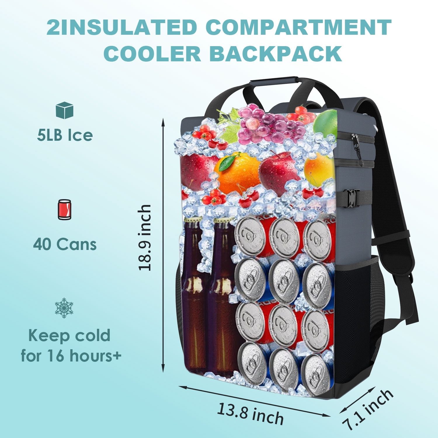 Cooler Backpack, 40 Cans Leakproof Insulated Travel Cooler with Padded Top Handle & Mesh Pocket for Camping Travel Beach Picnics (Blue)