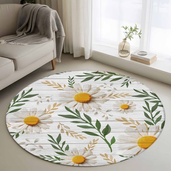 Round Rug 4Ft Washable Non-Slip, Spring Daisy Circle Area Rugs for Living Room Bedroom, Farmhouse Country Flower Leaf Plant Wood Grain Indoor Floor Mats Carpet Runner for Home Decor Aesthetic