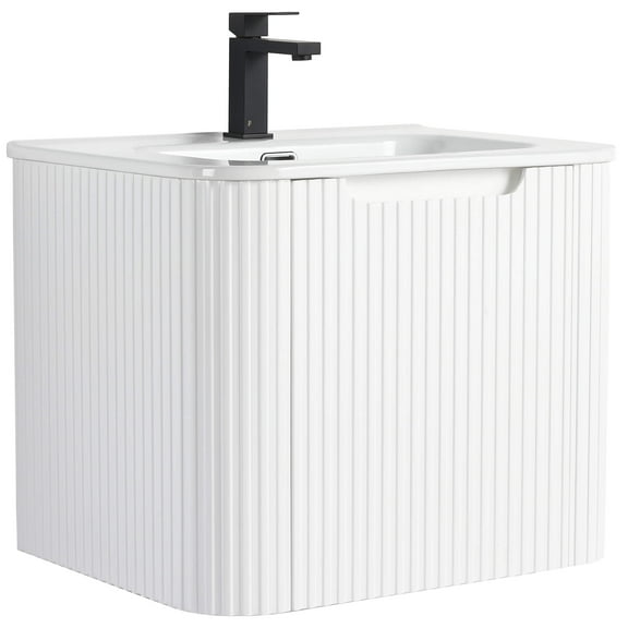 Caskvalley Modern Bathroom Vanity with Straight Fluted Design 24" Wide - White - Sink Included