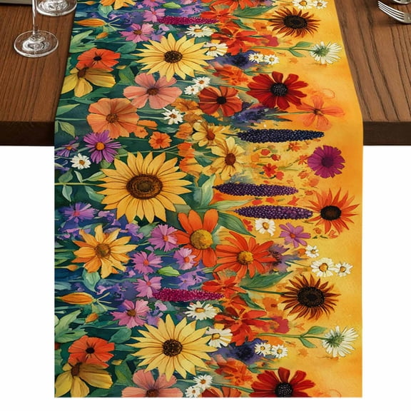 Colorful Flowers 60 Inch Table Runner, Farmhouse Sunflower Daisy Farmhouse Dresser Scarf Cotton & Linen Tablerunner for Dining/Kitchen Island/Holiday Party Décor 13" x 60"