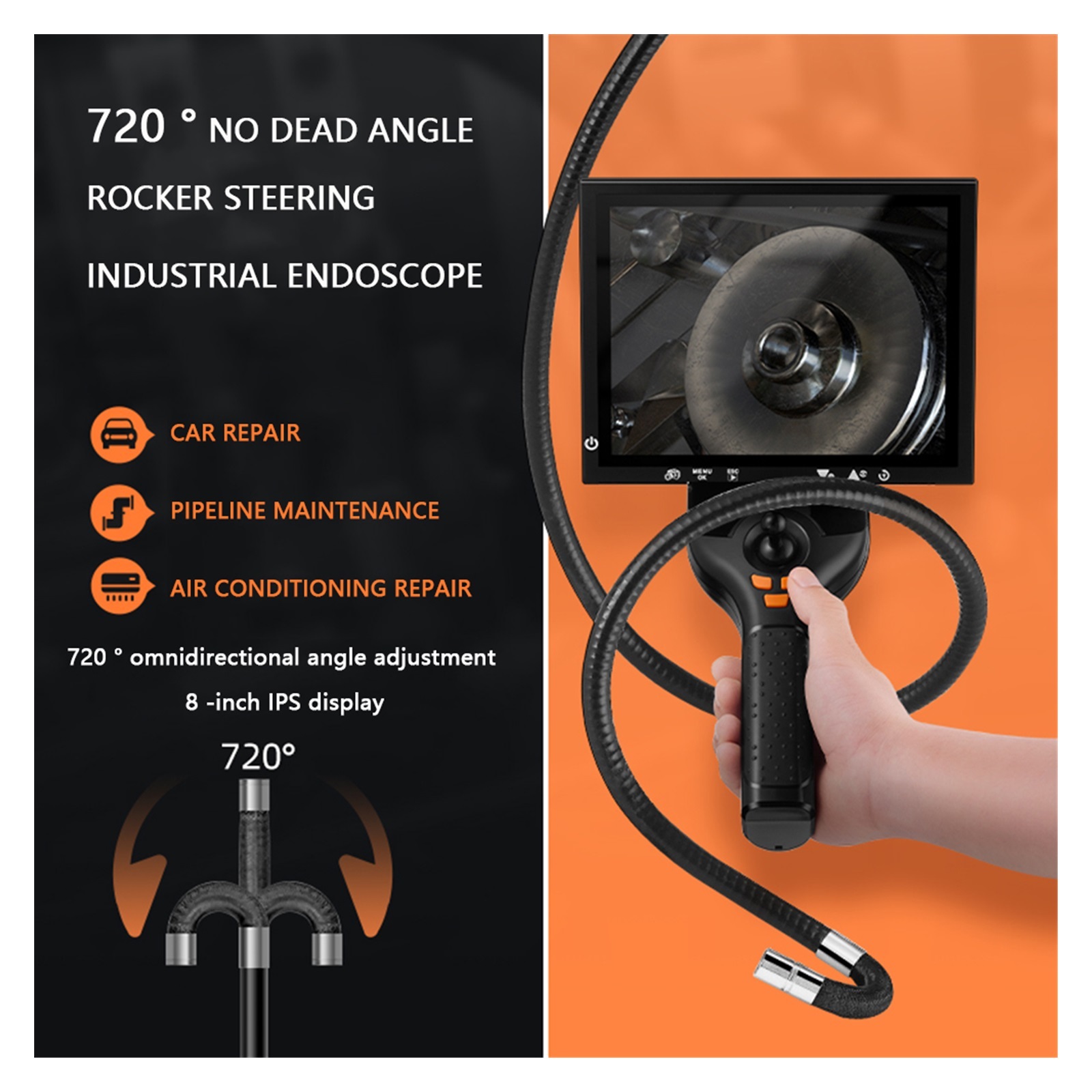 720° 4-Way Rotation Articulating Borescope IP67 Probe Automotive Endoscope Inspection Camera 8 Adjustable LED Light 8in Display for Measurement