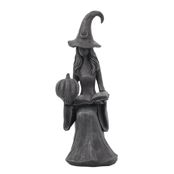 JWZZYD Black Witch with Book & Pumpkin Tabletop Decor, 6.7 Inch Spooky Gothic Tabletop Ornament for Halloween Shelf, Mantel, Entryway, Fall Home Party Indoor Decor, 1 Pack