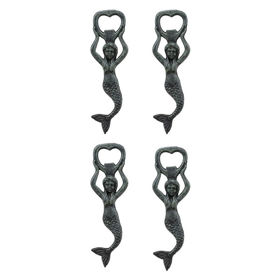 Rustic Verdigris Cast Iron Nautical Siren Mermaid Beer Bottle Opener Set Of 4