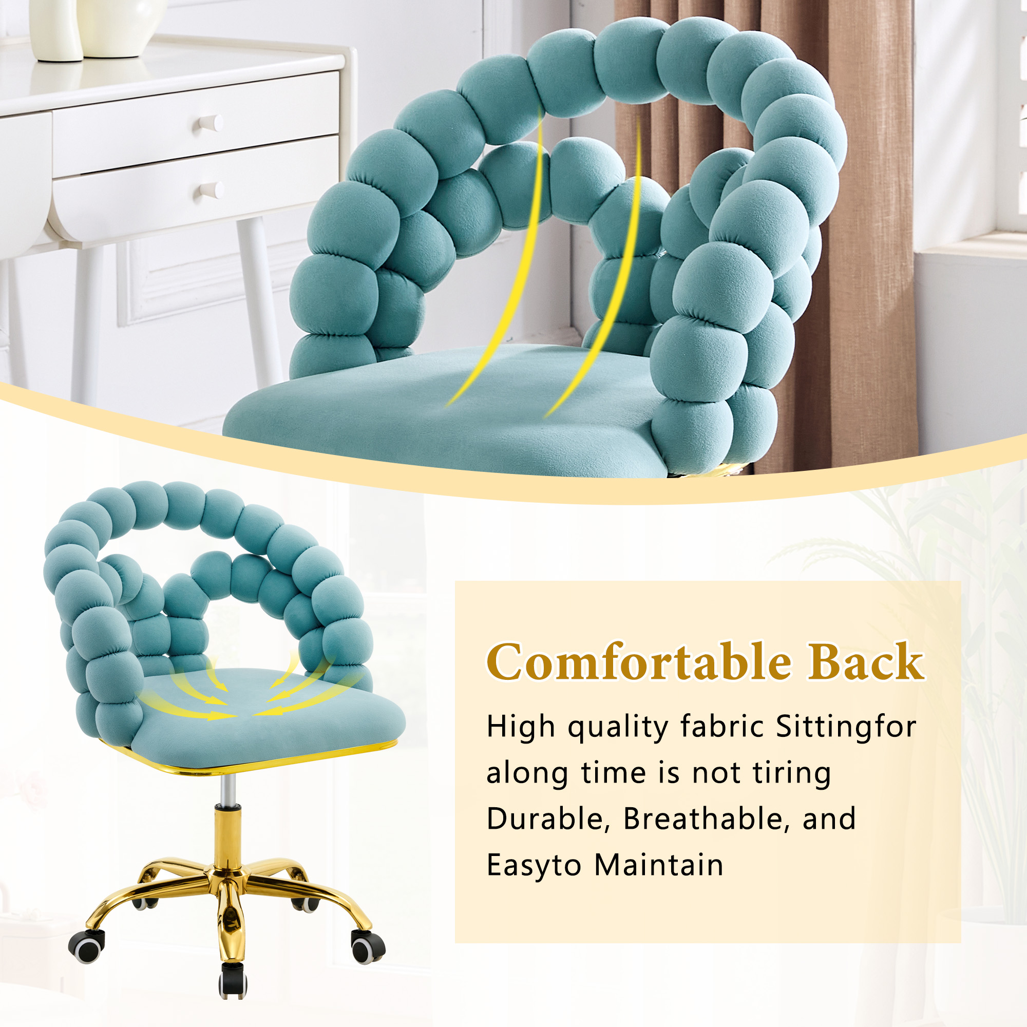 Velvet Swivel Desk Chair with Wheels, Comfortable Adjustable Height Vanity Chair, Bubble Back Computer Task Chair blue Computer Desk Chair