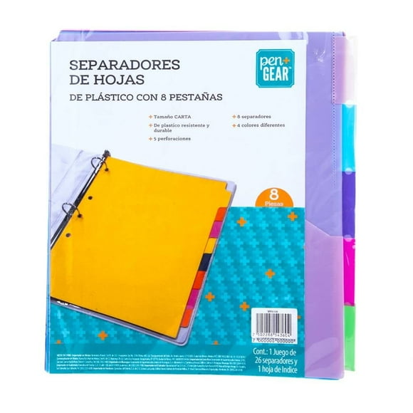 Separadores de hojas Pen + Gear tamaño carta, Plásticos de colores variados, 8 separadores