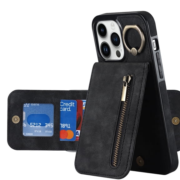 for iPhone 15Pro max, iPhone 16Pro max Wallet Case for Women Men, Durable Embossed PU Leather Magnetic Flip Zipper Card Holder Phone Case,Black