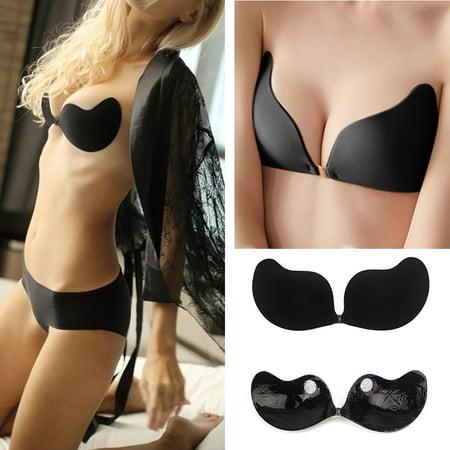 ALigoa Women s Strapless Invisible Bra Backless Self-Adhesive Push Up Sticky Bras  Black  D Cup