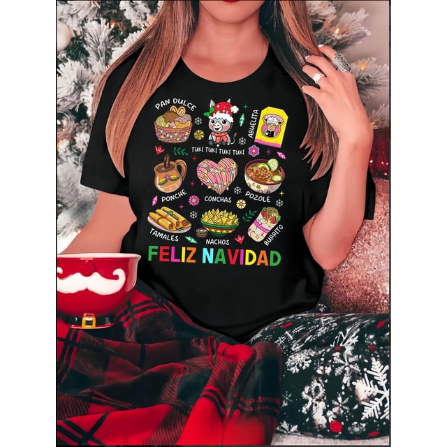 Women's Festive Navidad Graphic T-Shirt - Casual Round Neck Short Sleeve, Comfortable Polyester Blend, Vibrant Holiday-Themed Print, Perfect for Summer Celebrations