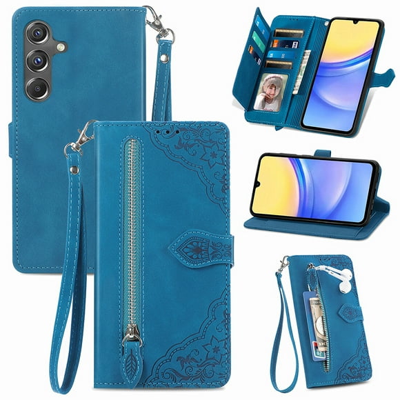 SYITOOCK Phone Case for Samsung Galaxy A15 5G, Shockproof PU Leather Wallet Case with Card Slots Anti-Scratch Stand Magnetic Flip Zipper Pocket Cover for Samsung Galaxy A15 5G, Blue