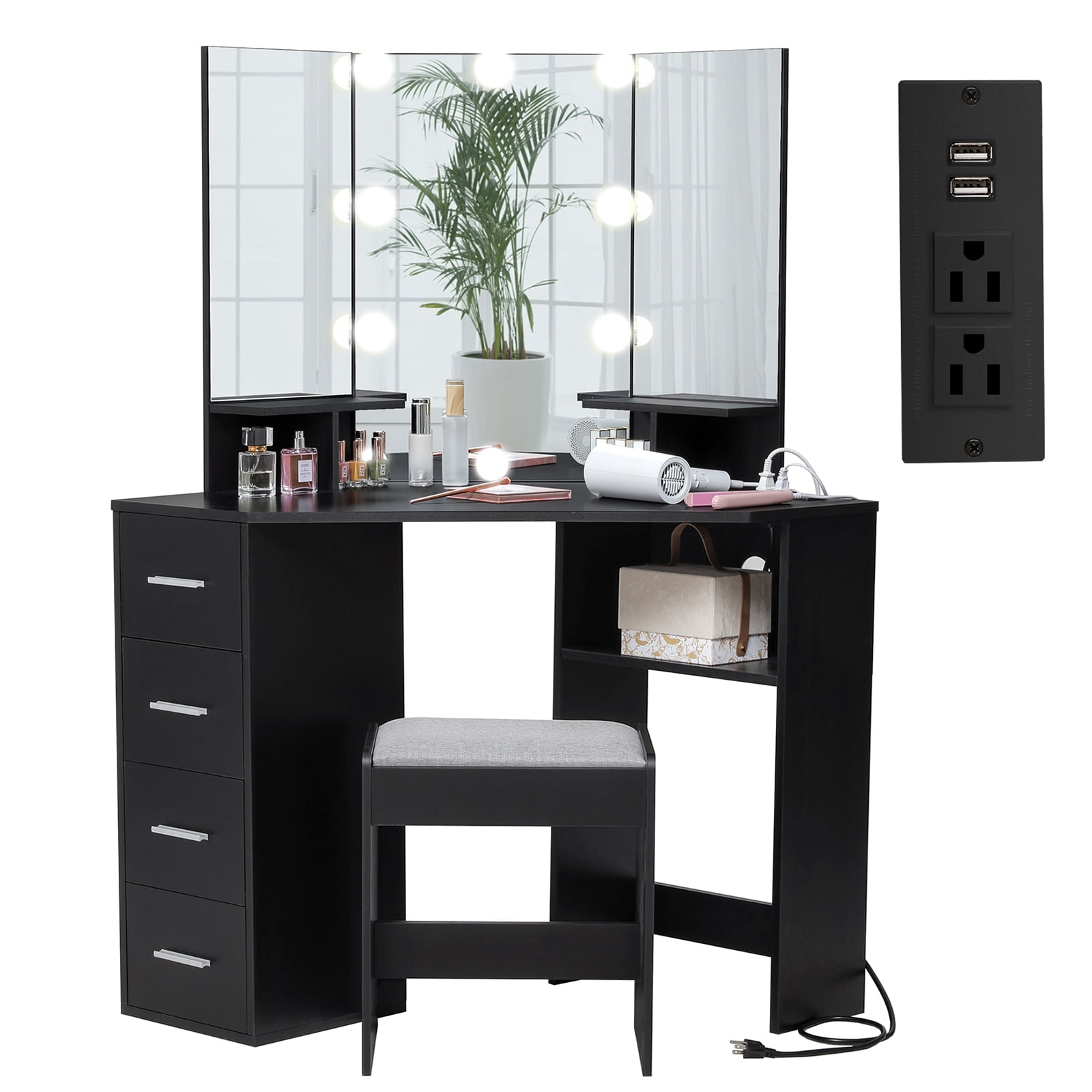 USIKEY Corner Vanity Set with 3Fold Mirror and Charging Station
