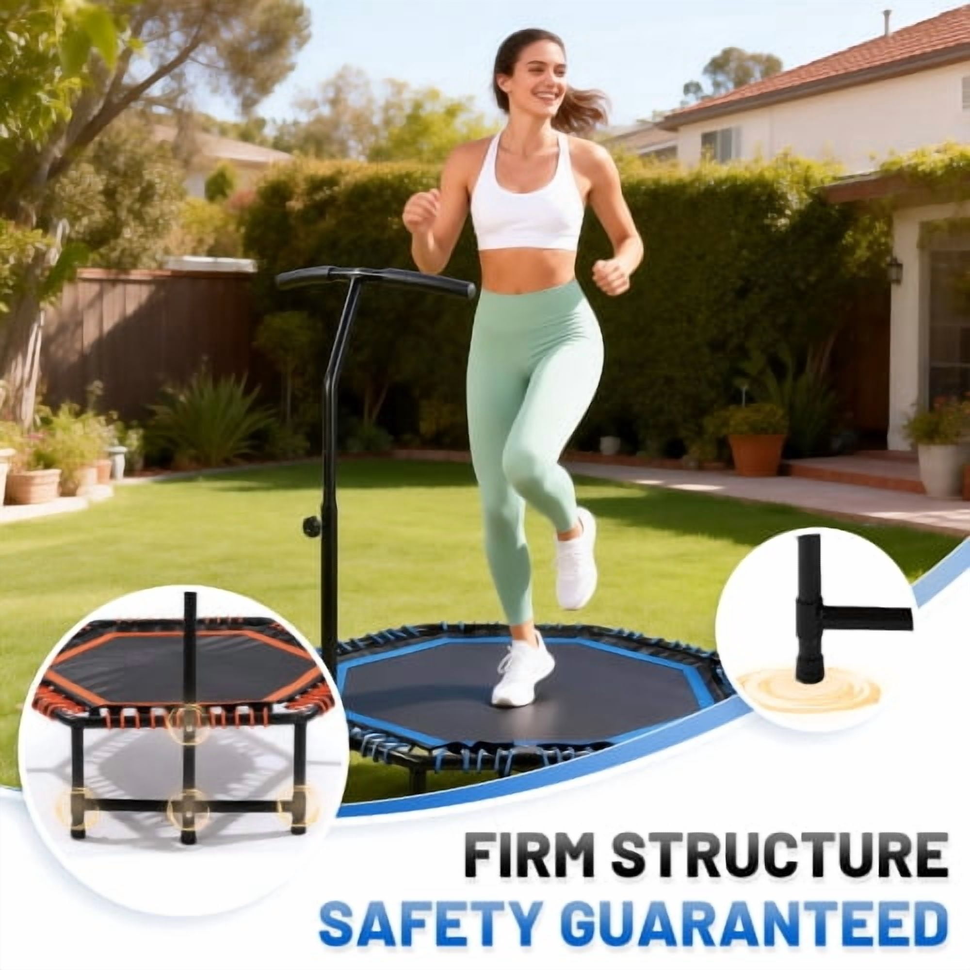 48 inch Foldable Fitness Trampoline for Adults, 450lbs Capacity Heavy Duty Rebounder with Adjustable Handlebar, Quiet Durable Bungee Rope, Low Impact Cardio & Strength Training Equipment for Home Gym