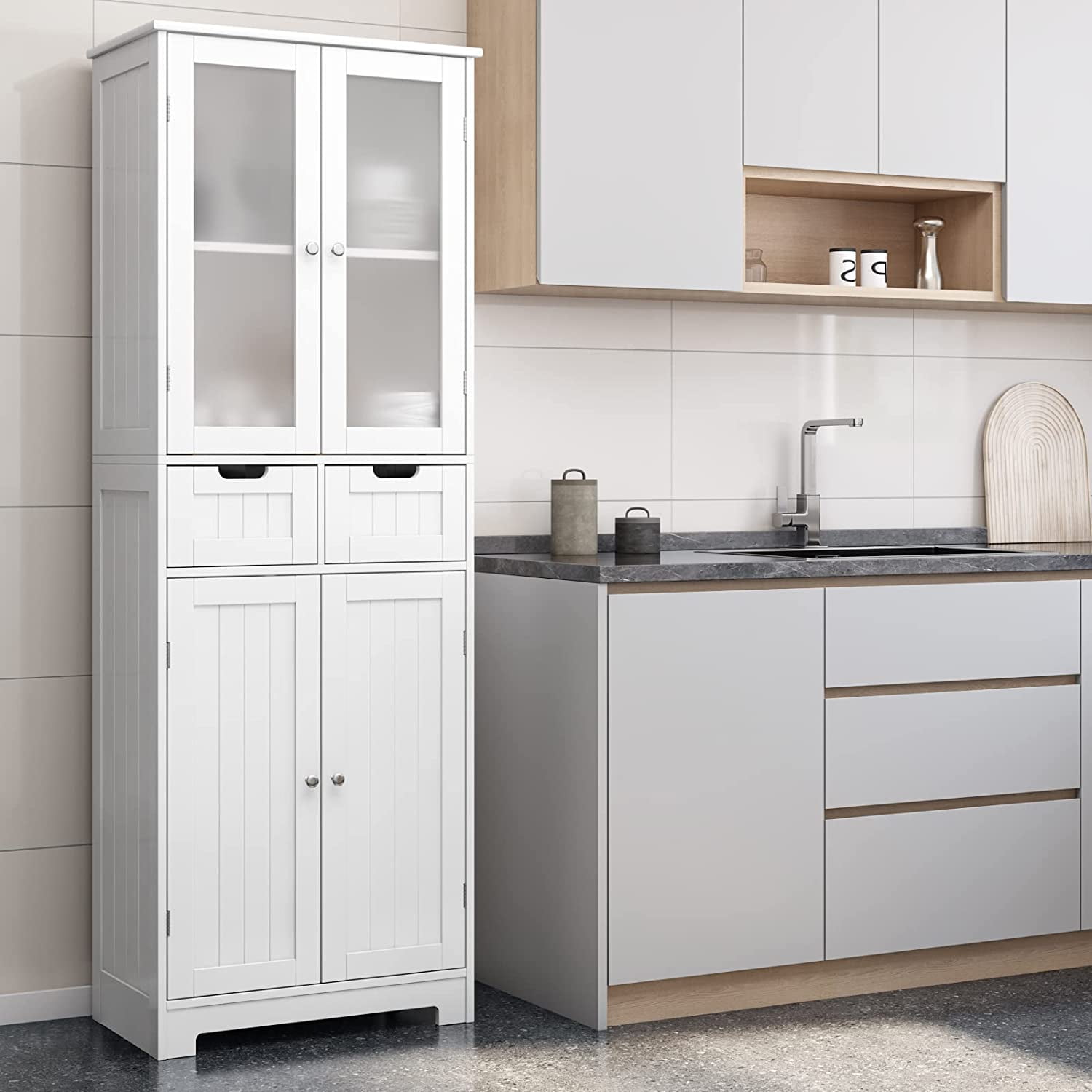 67" Tall Storage Cabinet, Freestanding Pantry Cabinet with Glass Door and Shelves, Linen Bathroom Cabinet with 2 Drawers for Living Room, Kitchen, Dining Room, Office, White