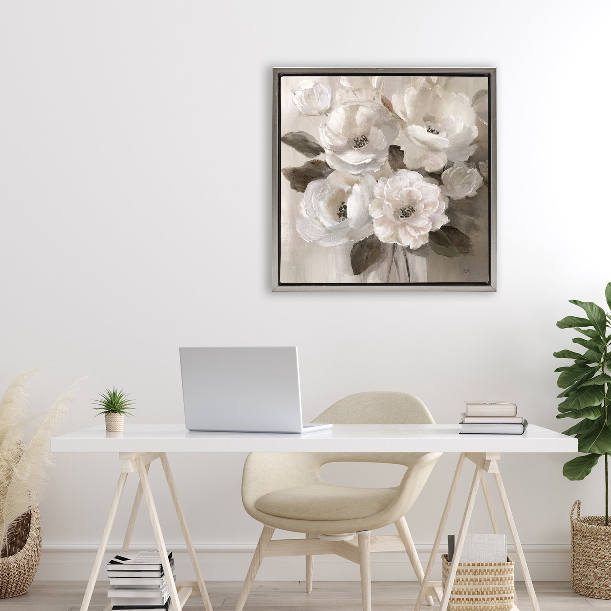 Stupell Industries Ivory Flower Bushel Gray Framed Floater Canvas Wall Art, design by Nan