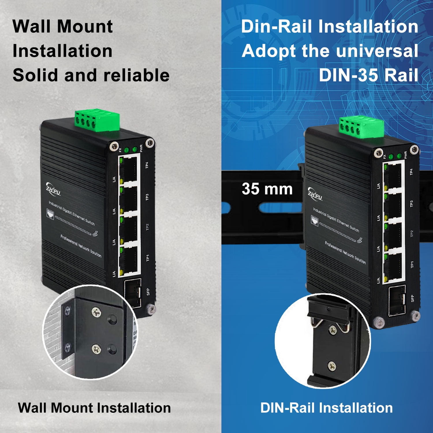Industrial 4-Port 10/100/1000Mbps Gigabit Switch with SFP Slot, 5-Port Ethernet Switch Supporting Din-Rail, 10 Gbps Switching Capacity, Plug & Play