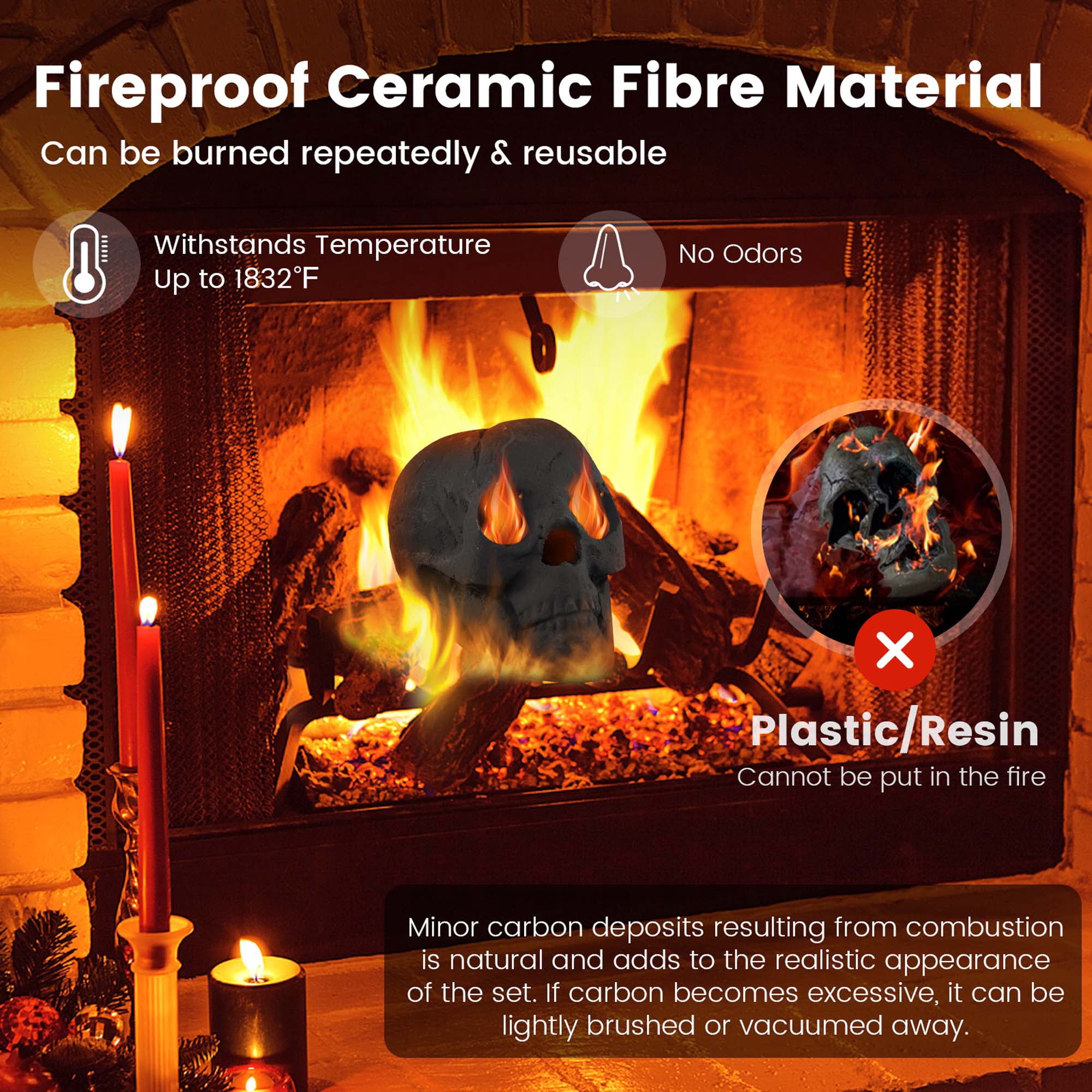 Costway Ceramic Fireproof Fire Pit Skull, Reusable Imitated Human Skull for Gas Black