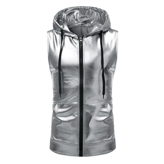 JINMGG Mens Shirts ,Men Casual Solid Hooded Sweatshirt Bright Hooded Drawstring Zip Tank Top Sleeveless Blouse