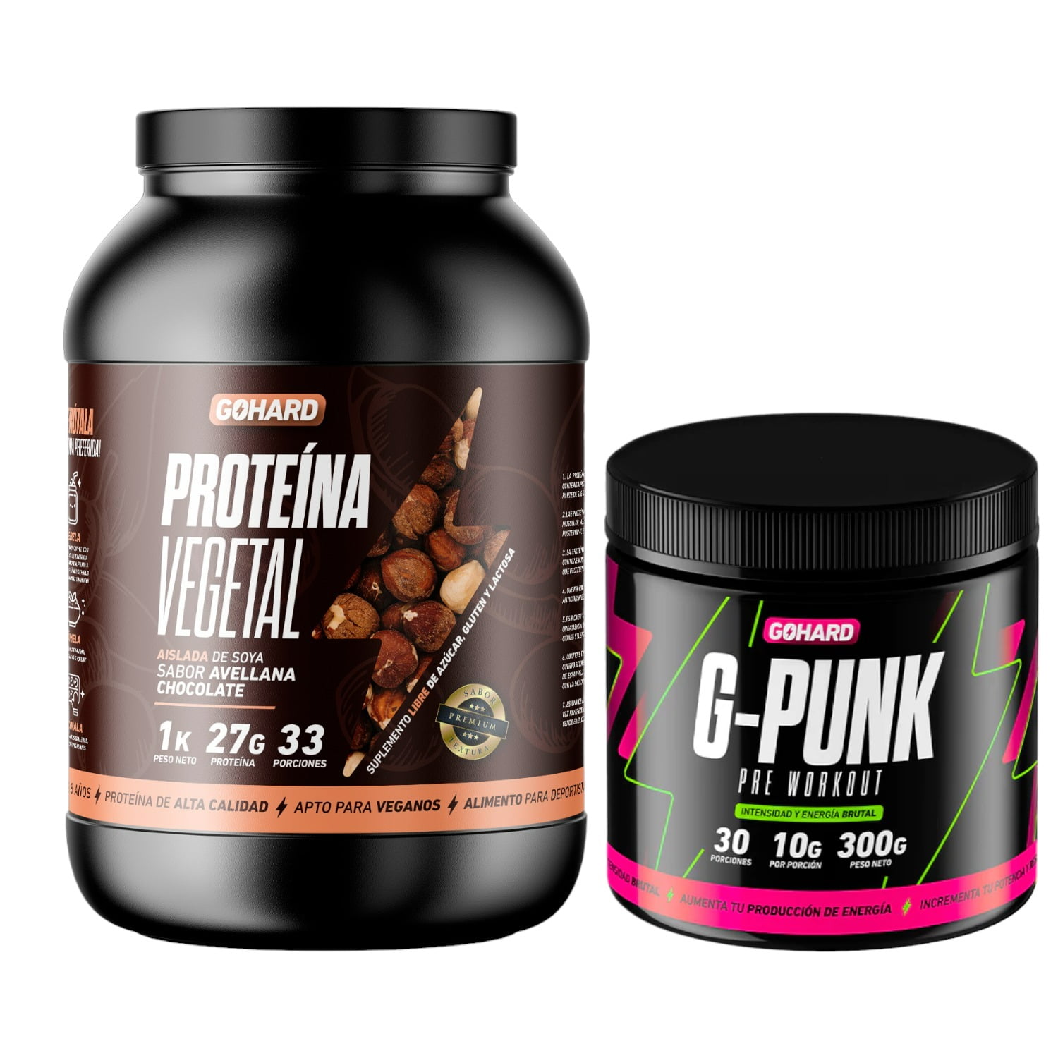 Proteina Vegetal 33 Serv. 1Kg Avellana Chocolate & Pre Entrenamiento G-Punk 30 Serv