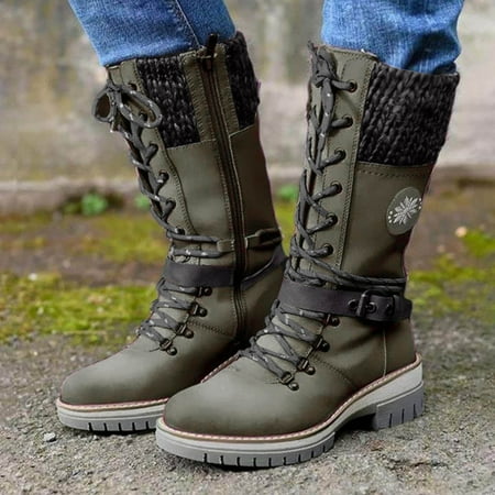 

Hunpta Boots For Women Buckle Heel Lace-Up Boots Belt Fashion Women s Mid- Woolen women s boots