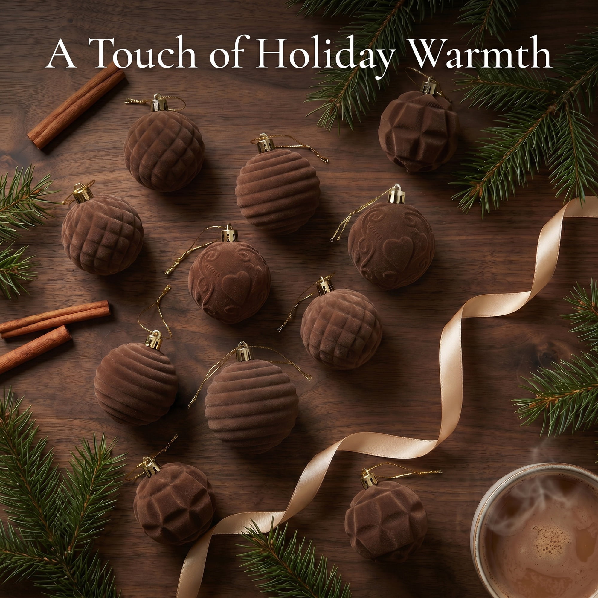 Unique Bargains Velvet Christmas 12 Pack Flocked Sphere Orbs Luxury Ornaments Coffee 2.4"