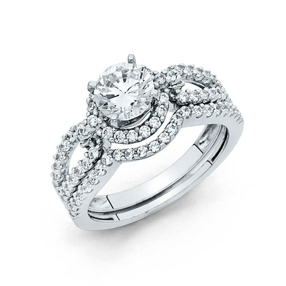 14k White Italian Solid Gold CZ Circle Halo Wedding Ring Duo Set
