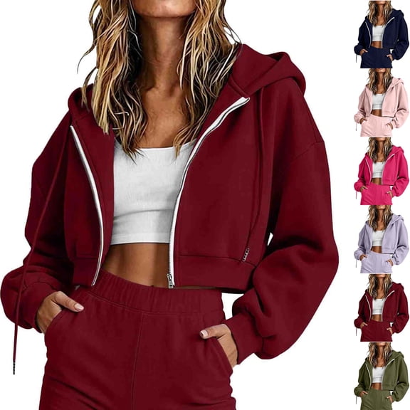 DYTTDG Women's Cropped Zip-Up Hoodie, Long Sleeve Loose Fit Full Zip Casual Sweatshirt Crop Top for Fall & Winter Loungewear