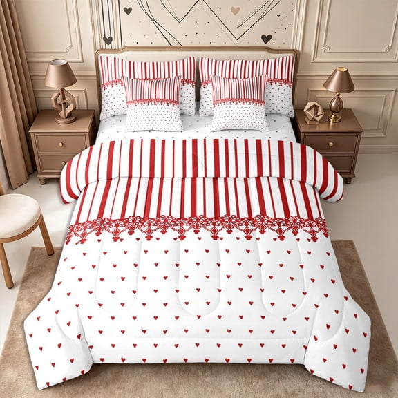 Castle Fairy Minimalism Stripe Layout 7-Piece Twin Bedding,Retro Lace Accent Bedding Comforter Set,Crimson Red White,Reversible