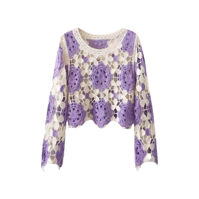 ZAXARRA Femmes Printemps Été Tricot Tops Manches Longues Col Rond Floral Crochet Casual Crop Tops