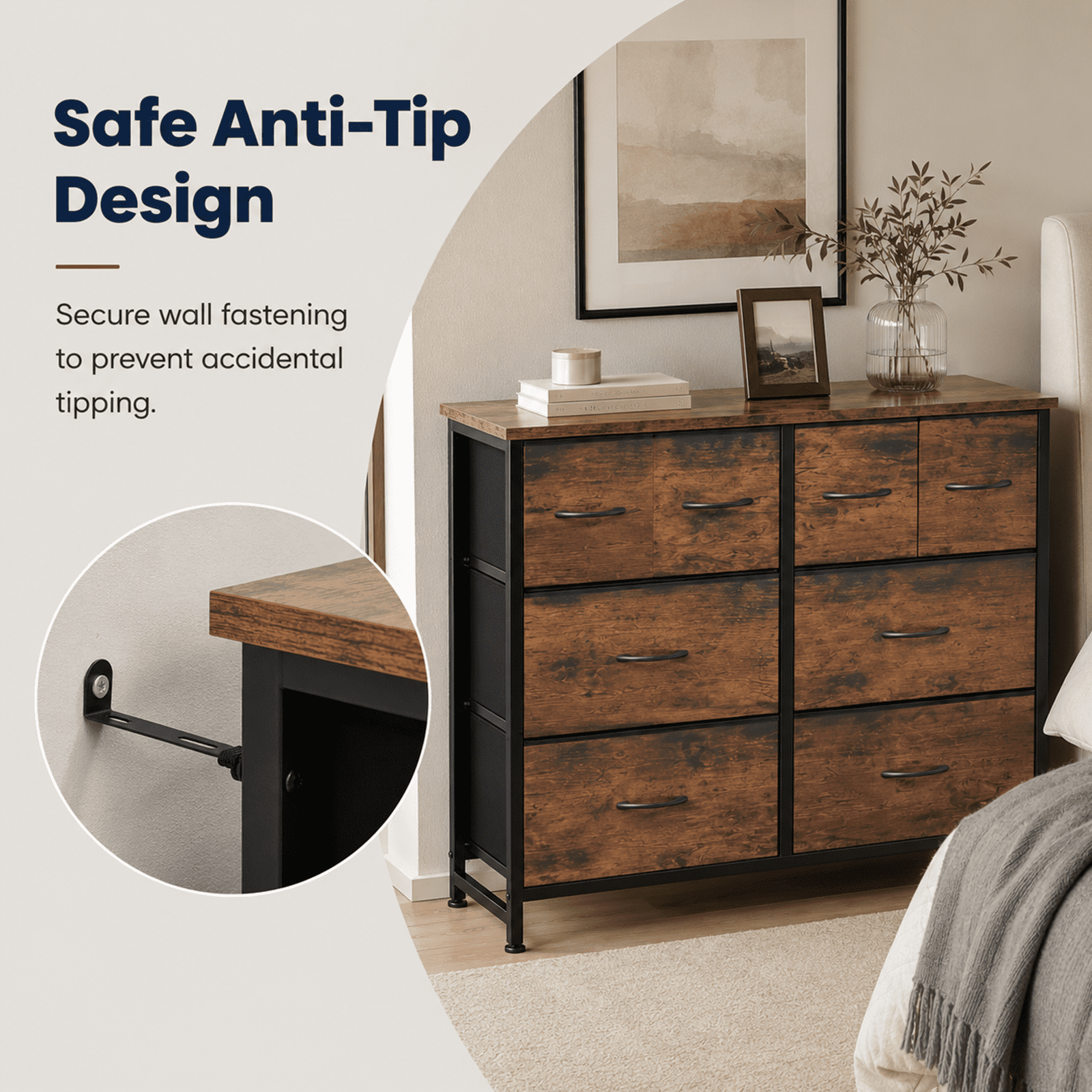 Alvantor Dresser for Bedroom with 8 Drawers, Fabric Dressers Storage Tower with Steel Frame Wood Tabletop, Storage Cabinet, Hallway, Closets