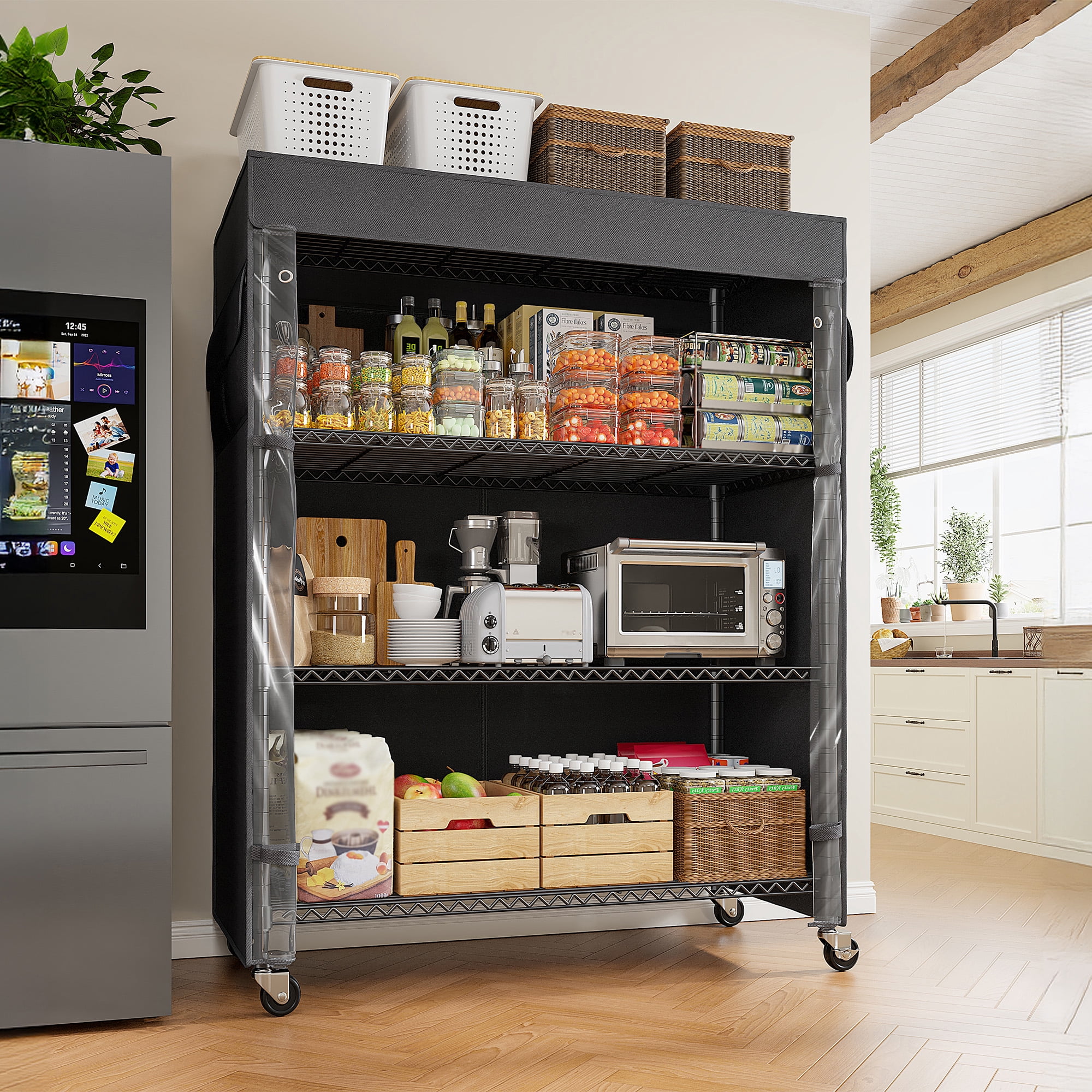 REIBII 4 Tier Wire Shelving Unit with Cover and Wheels,Heavy Duty Metal Storage Shelves Rolling Storage Rack for Pantry Kitchen Laundry Garage,36"W x 14.3"D x 56.5"H