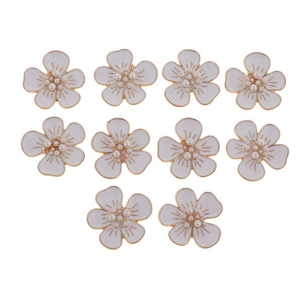 10 botones de perla de 5 pétalos con parte trasera plana para broches, joyas para el cabello y pendientes. Blanco