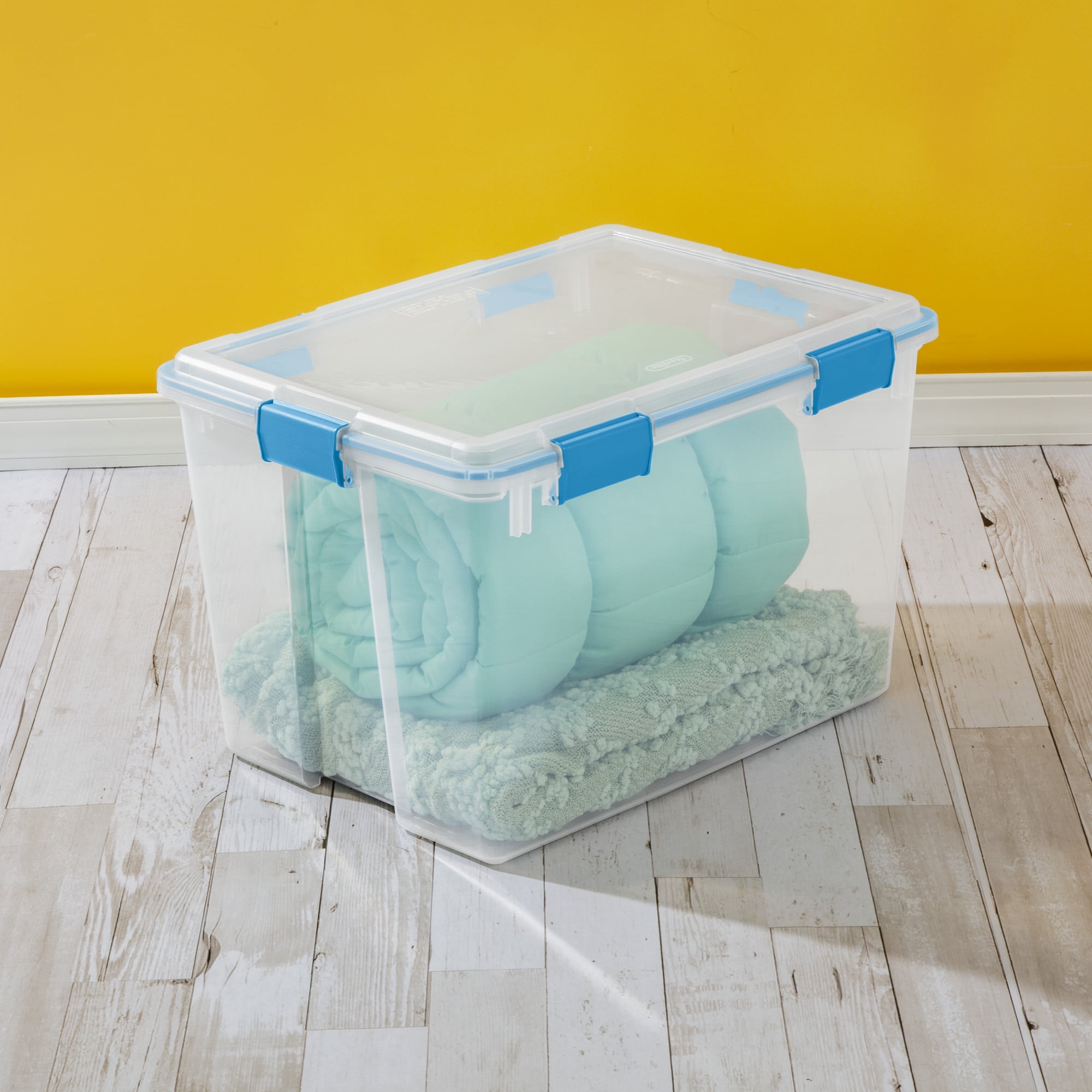 Sterilite 76 Liter Gasket Box, Weather-Resistant Large Clear Storage Bin with Latch Lid, Blue