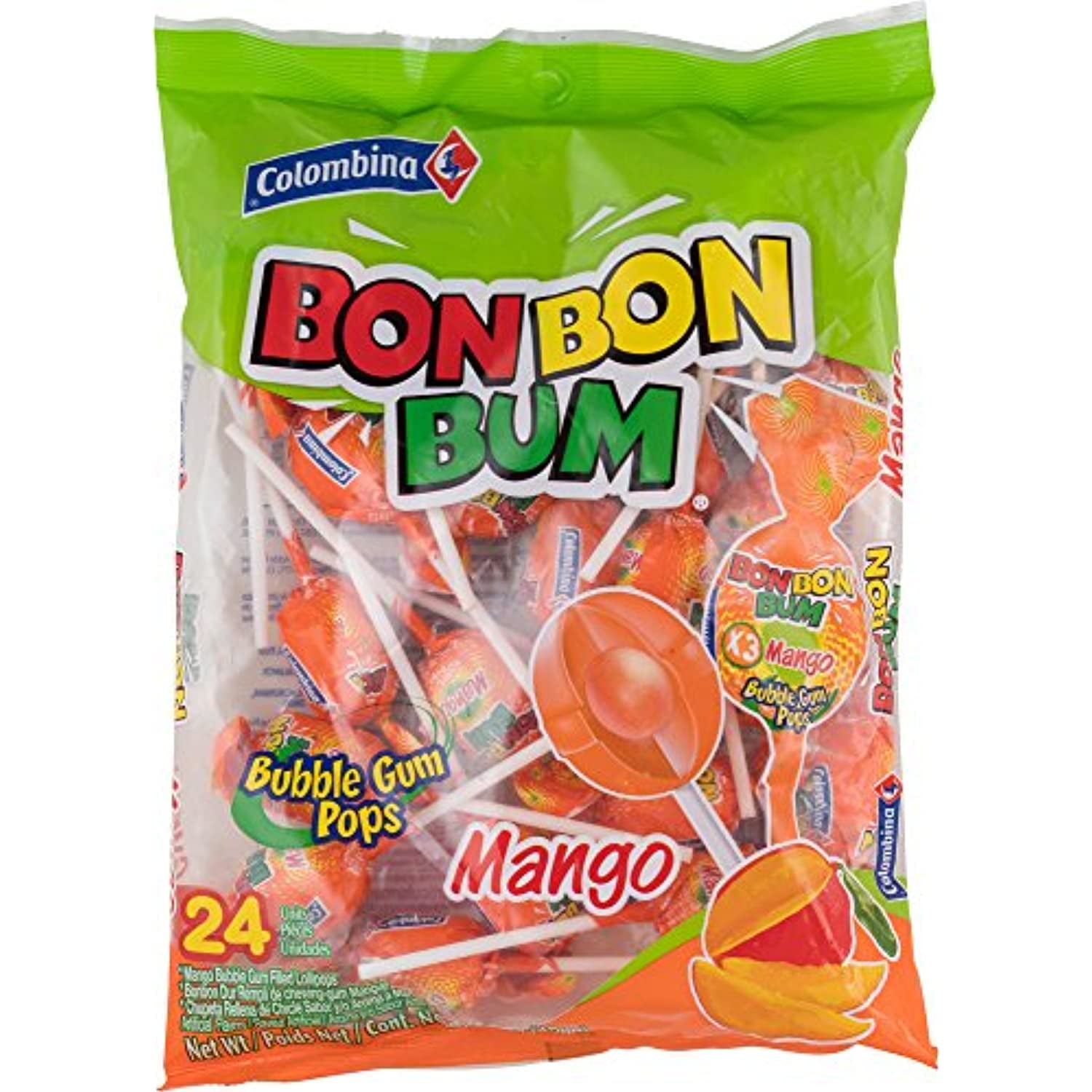 Colombina Bon Bon Bum Bubble Gum Lollipops, Mango, Yellow, 24 Count (Pack Of 1)