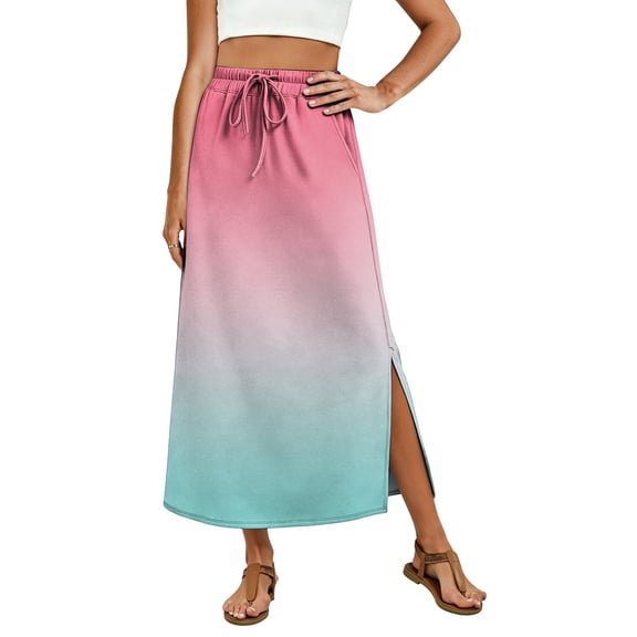 Gradient High Waisted Skirt, Casual Flowy Long Skirt with Slit and Pockets, Summer Ombre A-Line Slacks