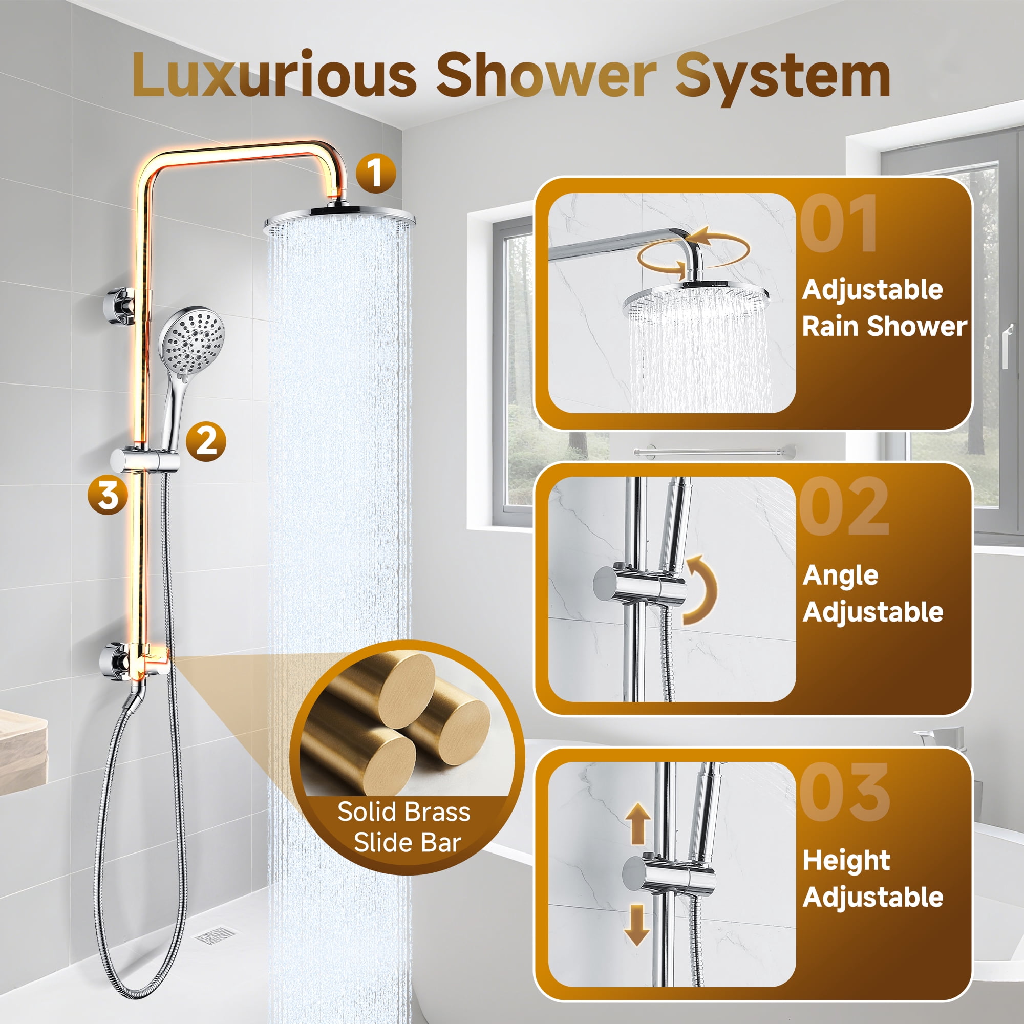 Bright Showers Rain Shower Heads System, Rainfall & Handheld Shower Combo with Height Adjustable Holder, Solid Brass Rail, 60" Long Hose, Chrome