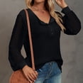 thumbnail image 4 of Odeerbi Womens Tops Long Sleeve Blouses Casual Lace Stitching Solid Color V Neck Pullover Top T-shirt Navy, 4 of 8