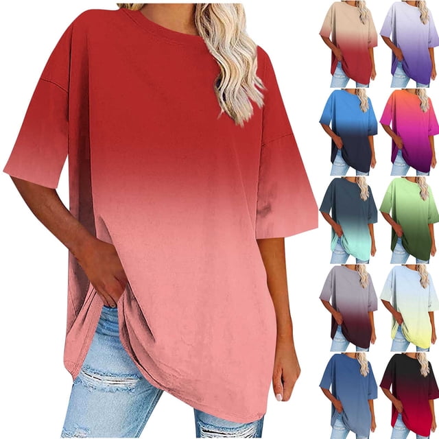 HVOBTTY Womens Summer Comfy Sport Tee Shirt Plus Size Soft Gradient Color Short Sleeve Round Neck Loose Breathable Layering Top Orange ,XXXXL