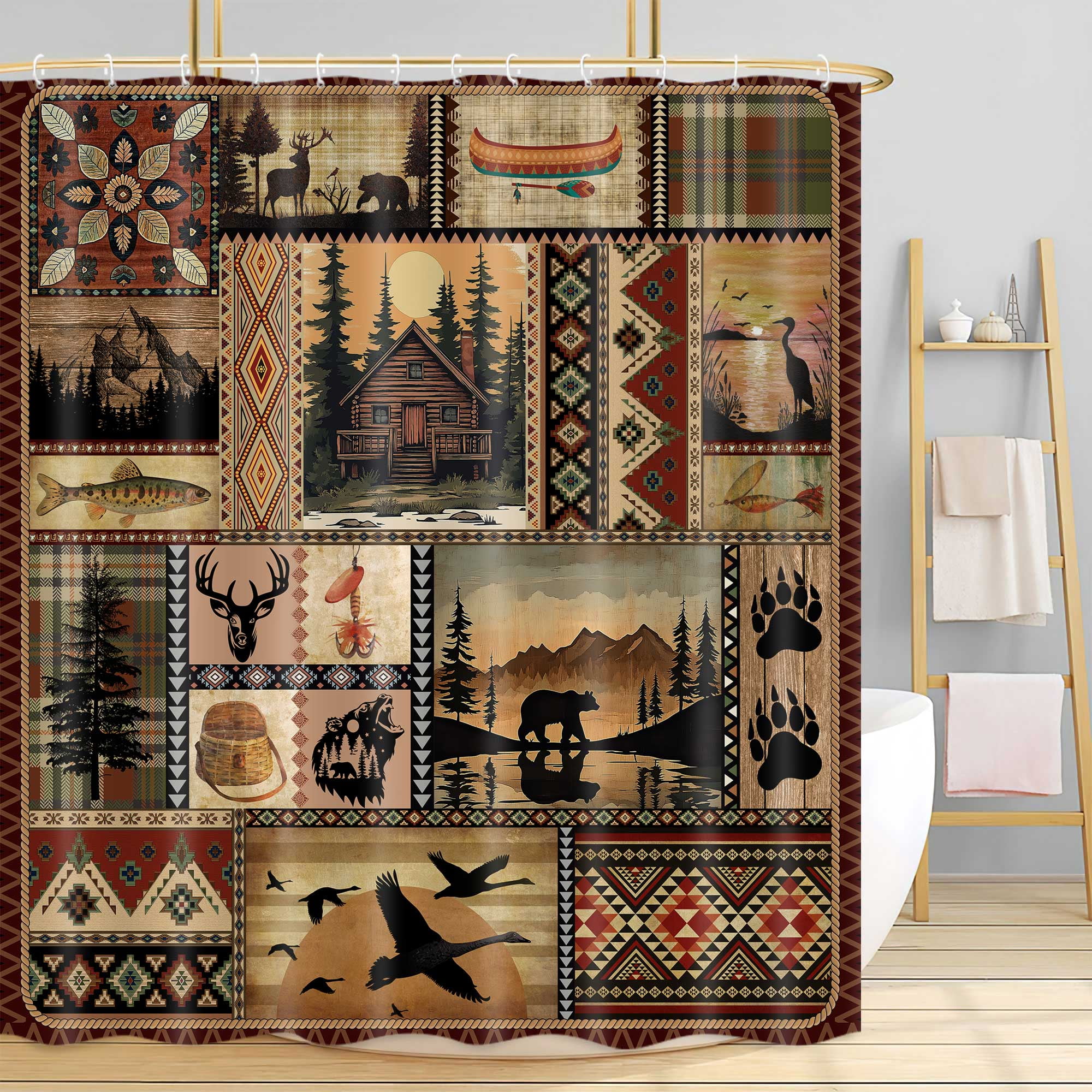 Cabin Shower Curtain, Rustic Cabin Lodge Fabric Bath Curtain, Bear Moose Farmhouse Lodge Wooden Board Cloth Shower Curtains Wild Animal Hunting Bathroom Accessories with Hooks, Tan Brown, 72X72in