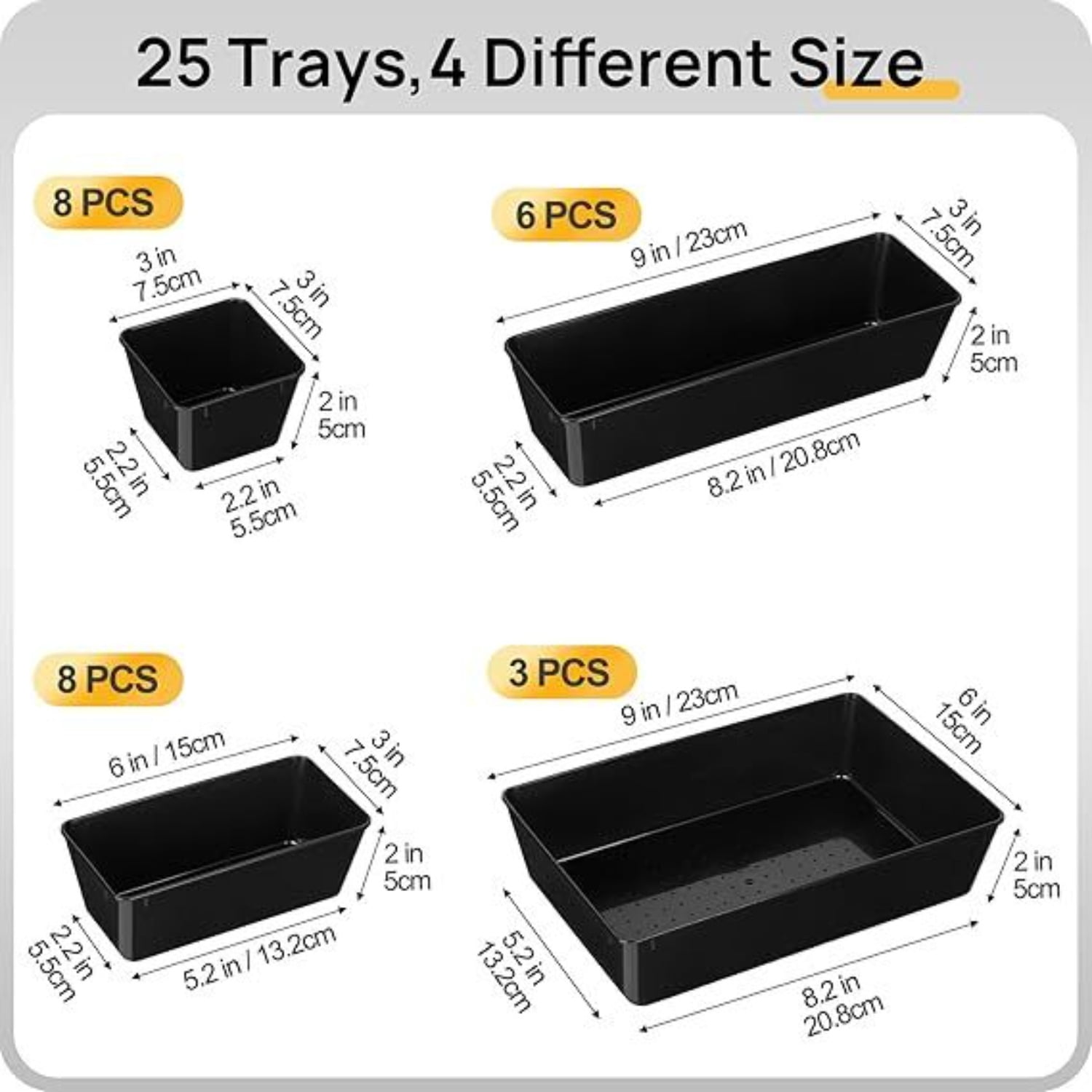 25 PCS Office Desk Drawer Organizers Set 4-Size Versatile Plastic Drawer Organizer Trays Storage Bins for Desk Accessories Office Organizers and Storage Bathroom Makeup Vanity Black