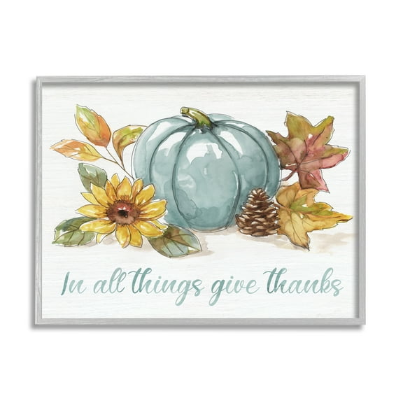 In All Things Give Thanks Sentiment Blue Pumpkin 30 in x 24 in Framed Painting Art Prints, by Stupell Home Décor