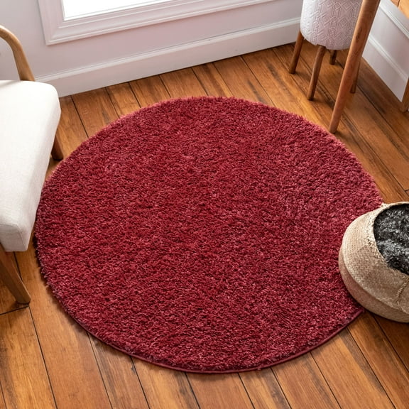 Well Woven Madison Shag Round Solid Area Rugs, Crimson Red