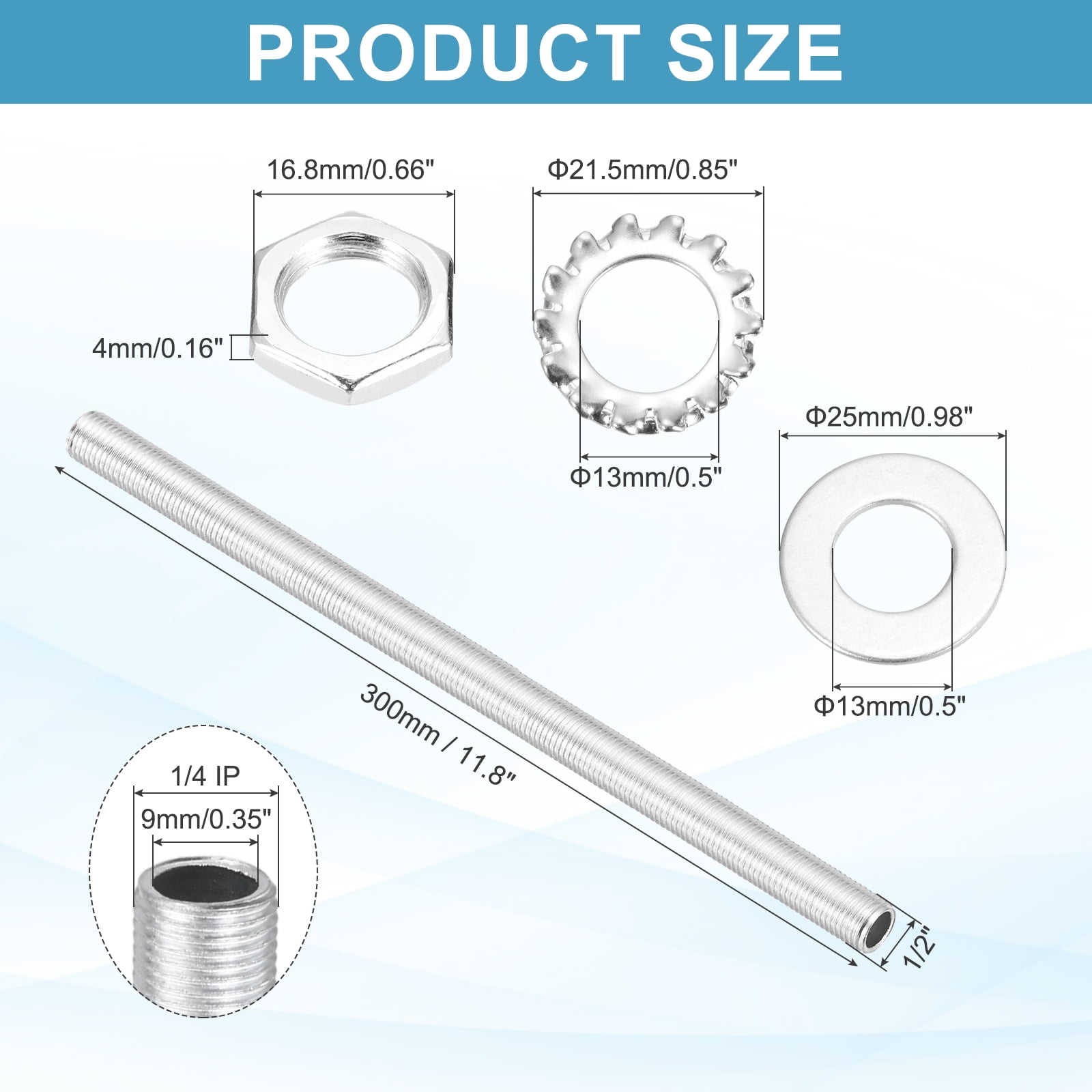 Uxcell 28Pcs 11.8" Lamp Pipe Nipples Kit with Hex Nuts Washers, 1/4" Fine Threaded Hollow Tube Repair Hardware Fasteners Assortment for Assembly Chandelier Ceiling Lamp DIY, Silver
