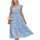 thumbnail image 1 of Vestido largo de las mujeres elegante V cuello ruffle floral impresión rodilla longitud vestido para primavera y verano azul claro M, 1 of 8