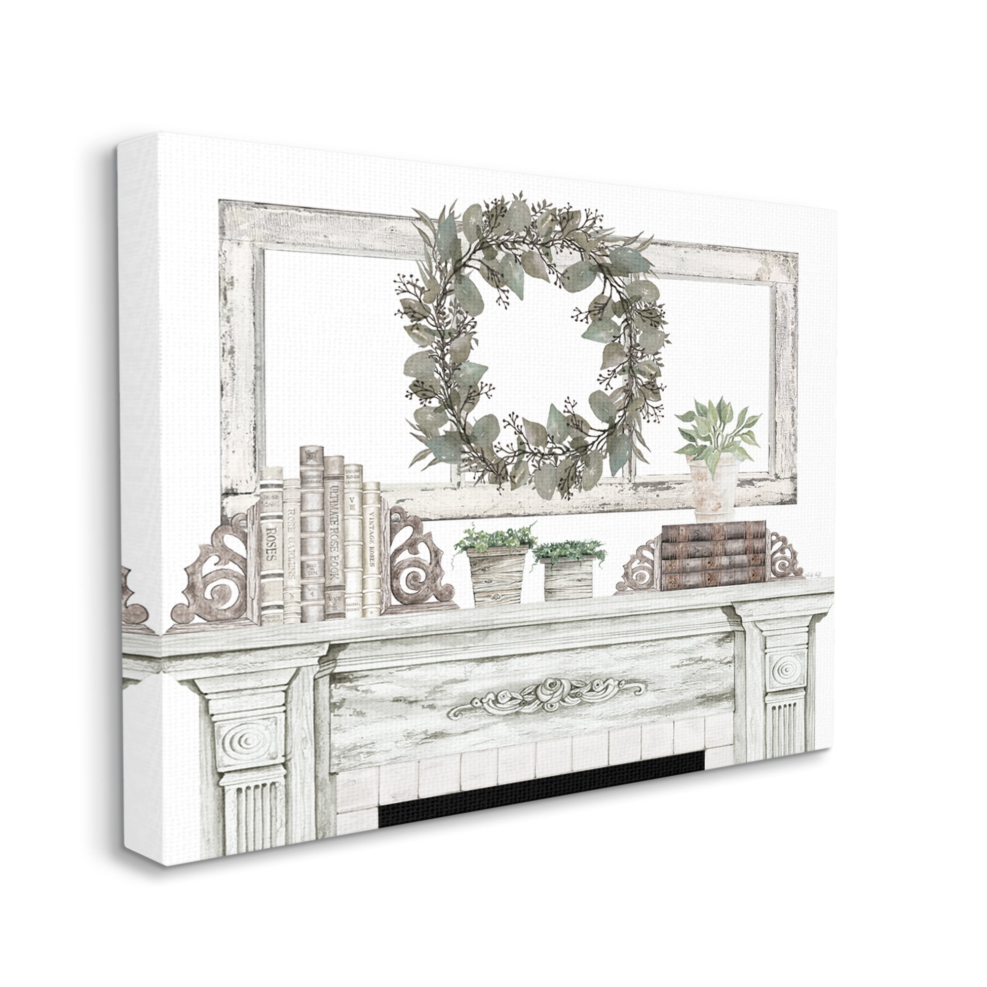 Stupell Industries Festive Wreath Cozy Fireplace Mantel Rustic Design Graphic Art Gallery Wrapped Canvas Print Wall Art, Design by Cindy Jacobs
