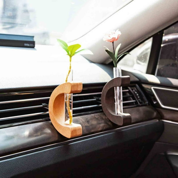 Mini clip de jarrón de flores de vidrio para automóvil, jarrón de arreglo floral montado en automóvil de madera de nogal de 2 piezas, soporte para botellas de perfume de vidrio decorativo con