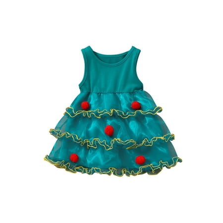 

Newborn Baby Girls Christmas Tree Dress 3-Layered Sleeveless Crew Neck Ruffle Dress Plush Balls Gown Party Princess Dress