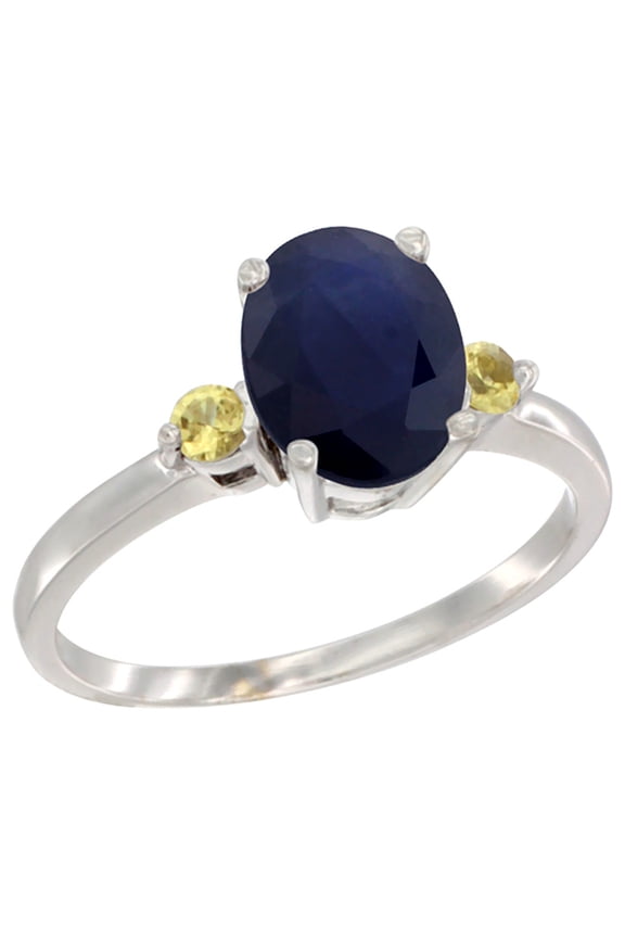 10K White Gold Natural Diffused Ceylon Sapphire Ring Oval 9x7 mm Yellow Sapphire Accent, size 9