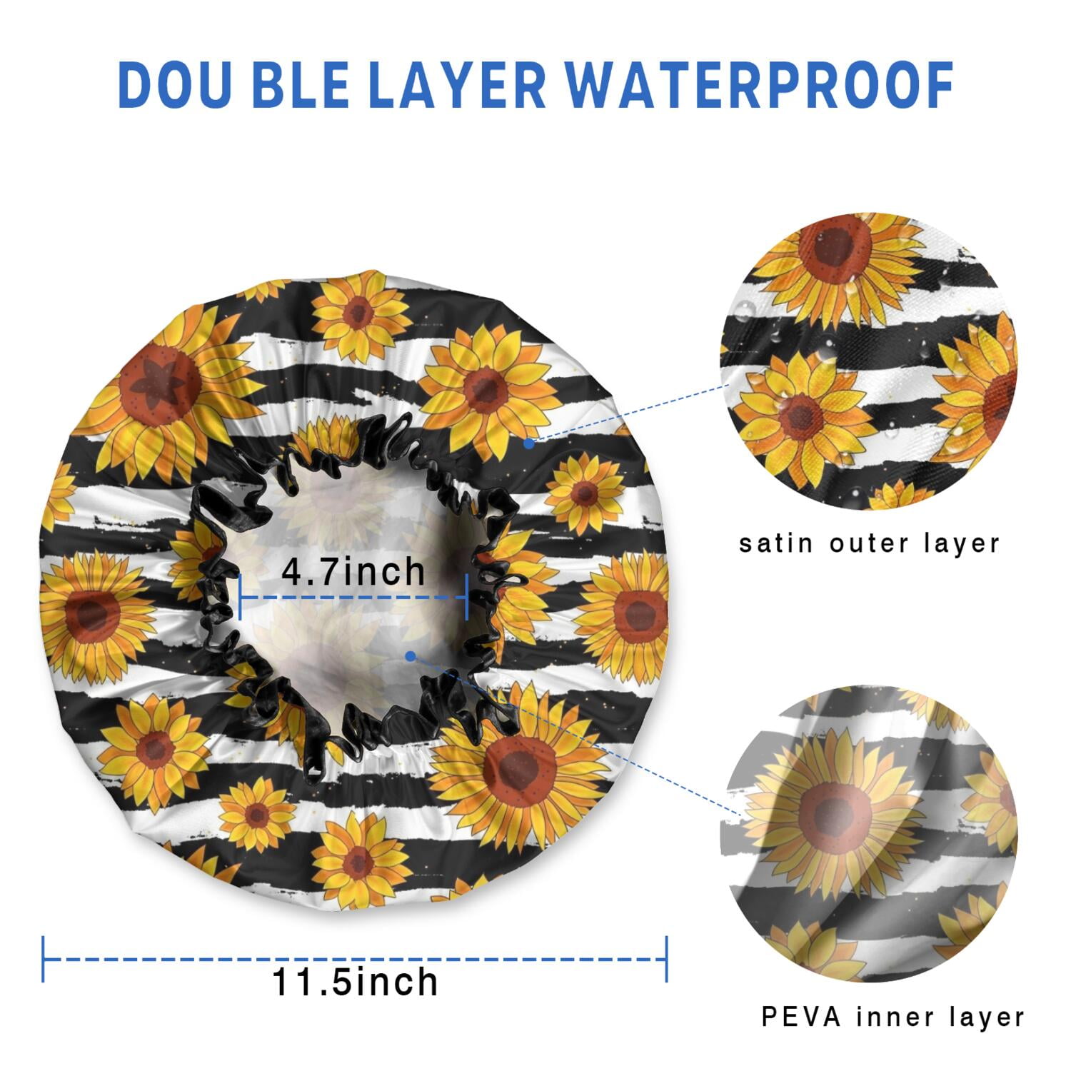 Shower Caps,Black White Striped Sunflower Pattern Waterproof Shower Cap for Women 4 Pieces,Double Reusable Hair Cover for Shower PEVA Elastic Stretch Hem