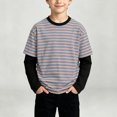 thumbnail image 3 of WDWYY Boys Striped Long Sleeve T Shirt Loose Fit Soft Stretchy Crew Neck Fake Two-Piece Casual Tee Orange 3-4Y, 3 of 8