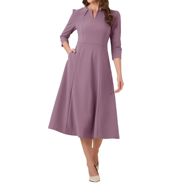 Vestido de trabajo para mujeres INSPIRE CHIC, corte A, mangas 3/4, vestido midi elegante, púrpura y gris, talla XL